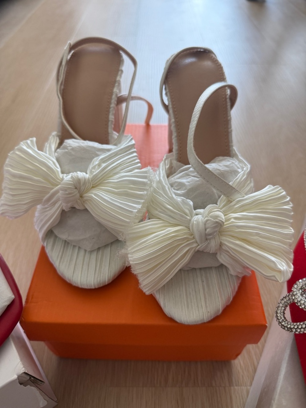 Ivory Bow Slingback Heels with Pleated Knot Detail